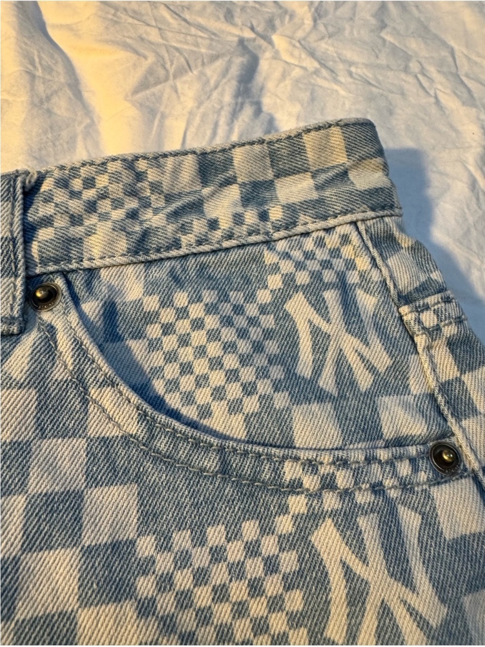 MLB Korea New York Yankees Checkerboard Denim Shorts - Women’s S Y2K Inspired - Picture 3 of 14